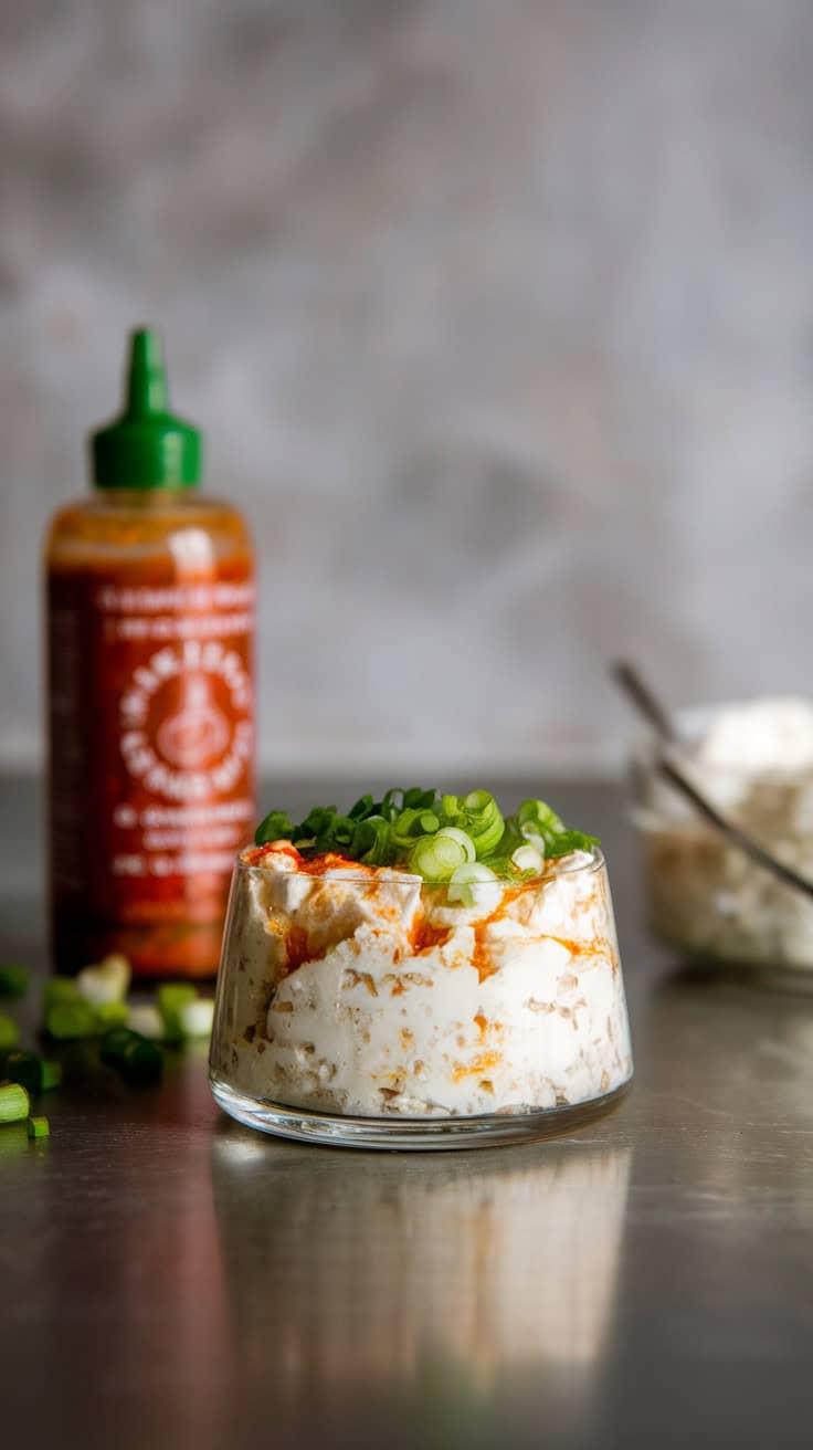 A glass dish filled with creamy dip topped with chopped green onions and a drizzle of sriracha, with a bottle of sriracha in the background.