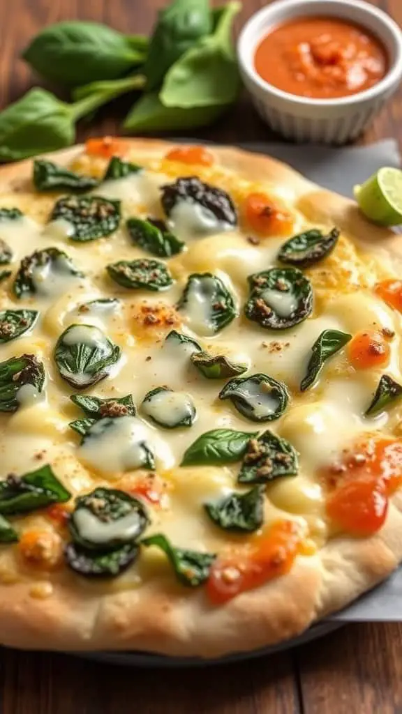 A delicious spinach and artichoke flatbread pizza with melted cheese and a side of marinara sauce