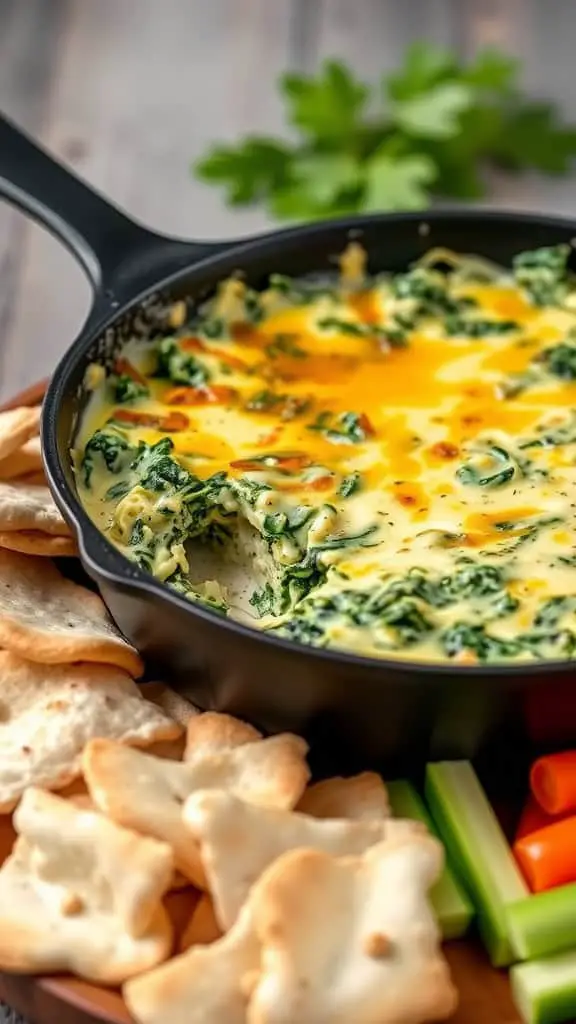 A delicious spinach and artichoke dip served in a cast-iron skillet, surrounded by pita chips, celery, and carrots.