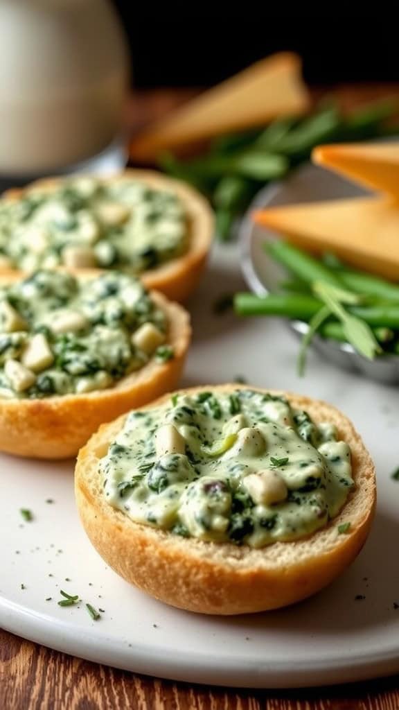 Spinach and artichoke dip in bread boats on a plate, garnished with chives.