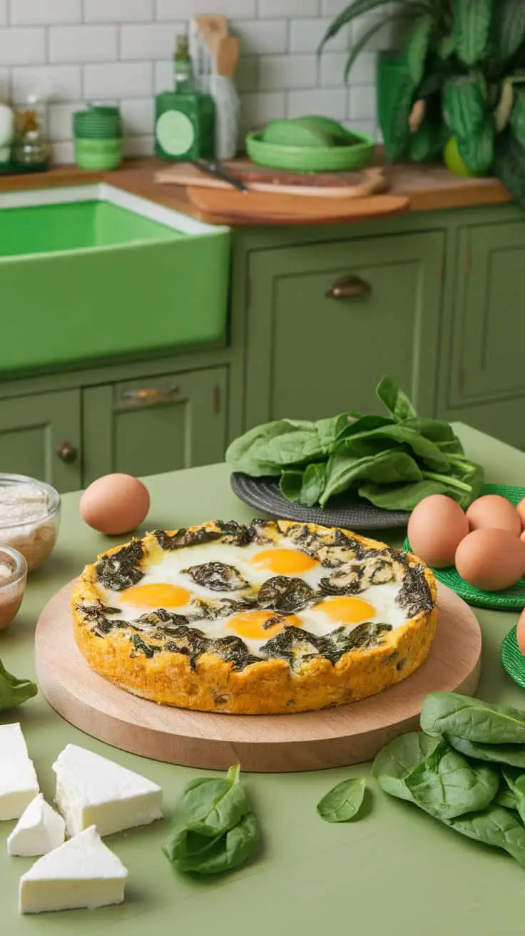 A delicious Spinach and Feta Egg Bake surrounded by fresh spinach, eggs, and feta cheese on a wooden cutting board.