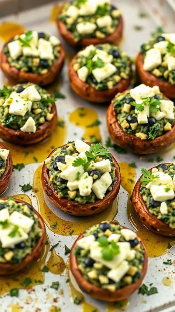 Baked spinach and feta stuffed mushrooms on a tray, garnished with herbs and drizzled with olive oil