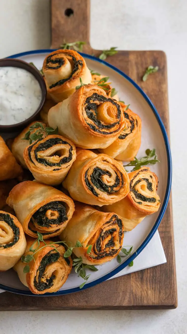 A plate of golden-brown spinach and feta stuffed pastry rolls, served with a yogurt dip.