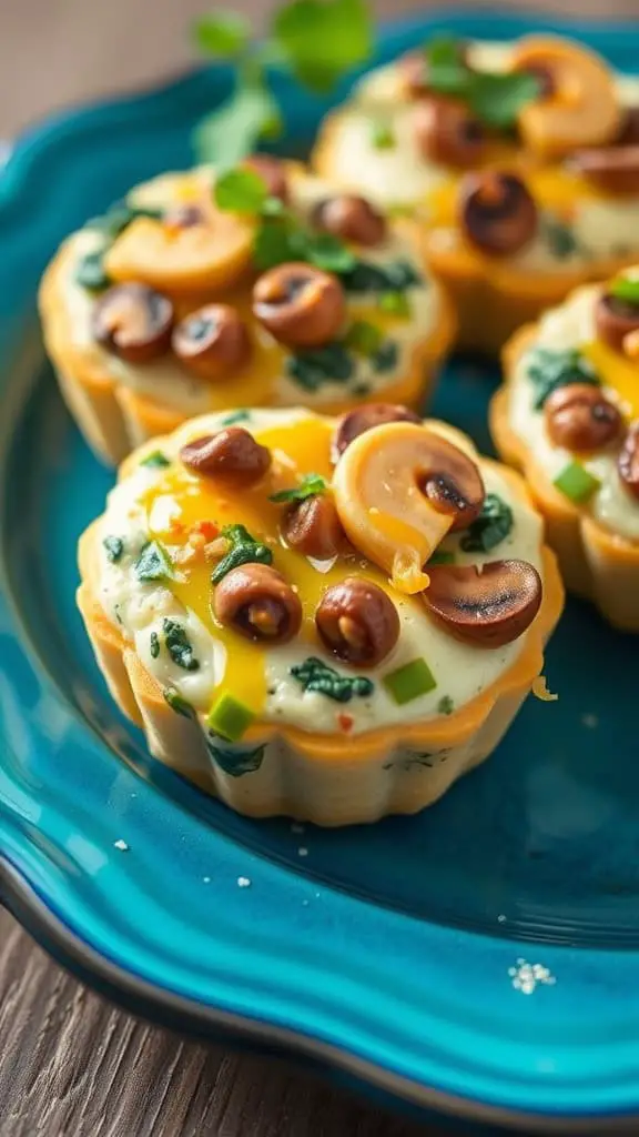 Egg bites filled with sautéed spinach and mushrooms, baked in a muffin tin and served alongside a cup of tea.