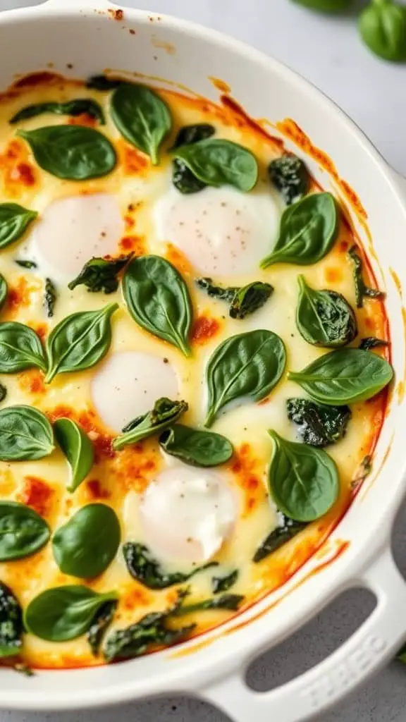 A baked casserole dish filled with spinach, ricotta cheese, and fluffy eggs, topped with golden breadcrumbs.