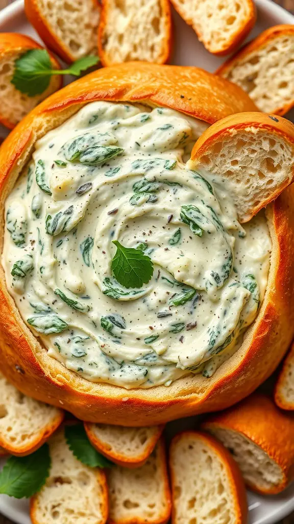 Spinach Artichoke dip inside a bread bowl with toasted bread slices for dipping