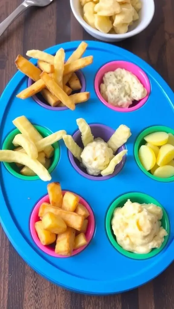 A colorful tasting tray filled with various potato snacks, including fries and dips.