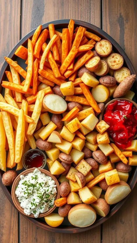 A beautifully arranged tray filled with various types of potato snacks, including fries, tater tots, and potato bites, accompanied by dips.