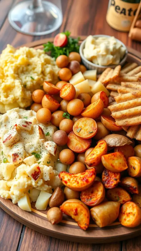 A beautifully arranged platter featuring various potato dishes including mashed potatoes, roasted potatoes, and crispy chips.