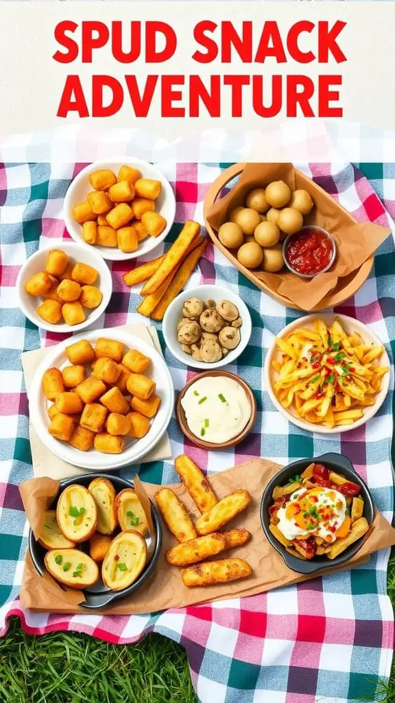 A colorful spread of various potato snacks on a picnic blanket, including tater tots, potato bites, and loaded fries.