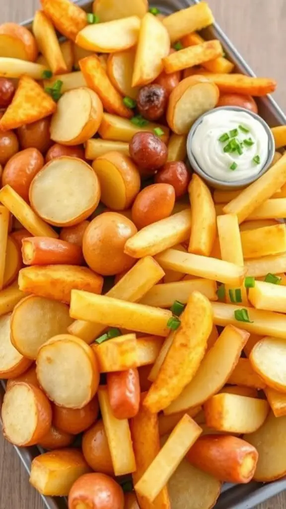 A tray filled with various potato snacks, including fries and potato bites, served with a creamy dip.