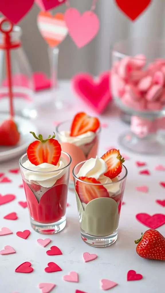 Colorful strawberries and cream dessert shot cups decorated with fresh strawberries and whipped cream, surrounded by heart-shaped decor.