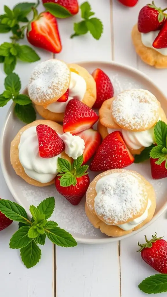 A plate of strawberry cream puff pastries topped with fresh strawberries and mint leaves.