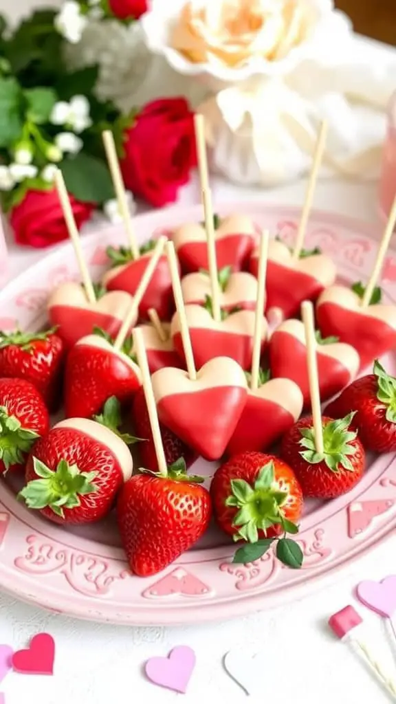 A plate of heart-shaped and chocolate-covered strawberries with roses in the background