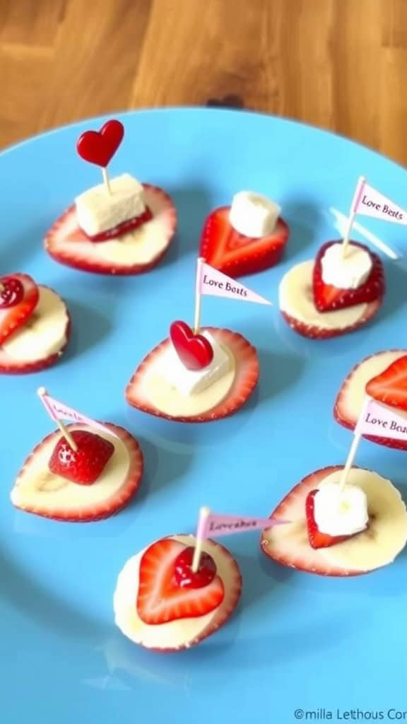 A plate of strawberry and banana love boats decorated with heart toppings.