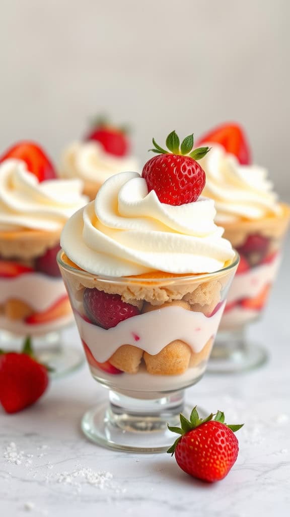 Delicious strawberry and cream pie dessert cups topped with whipped cream and fresh strawberries