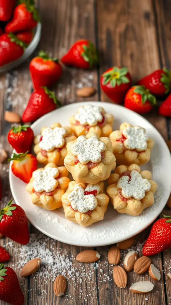 A plate of strawberry almond crunch puffs garnished with powdered sugar and surrounded by fresh strawberries and almond pieces.