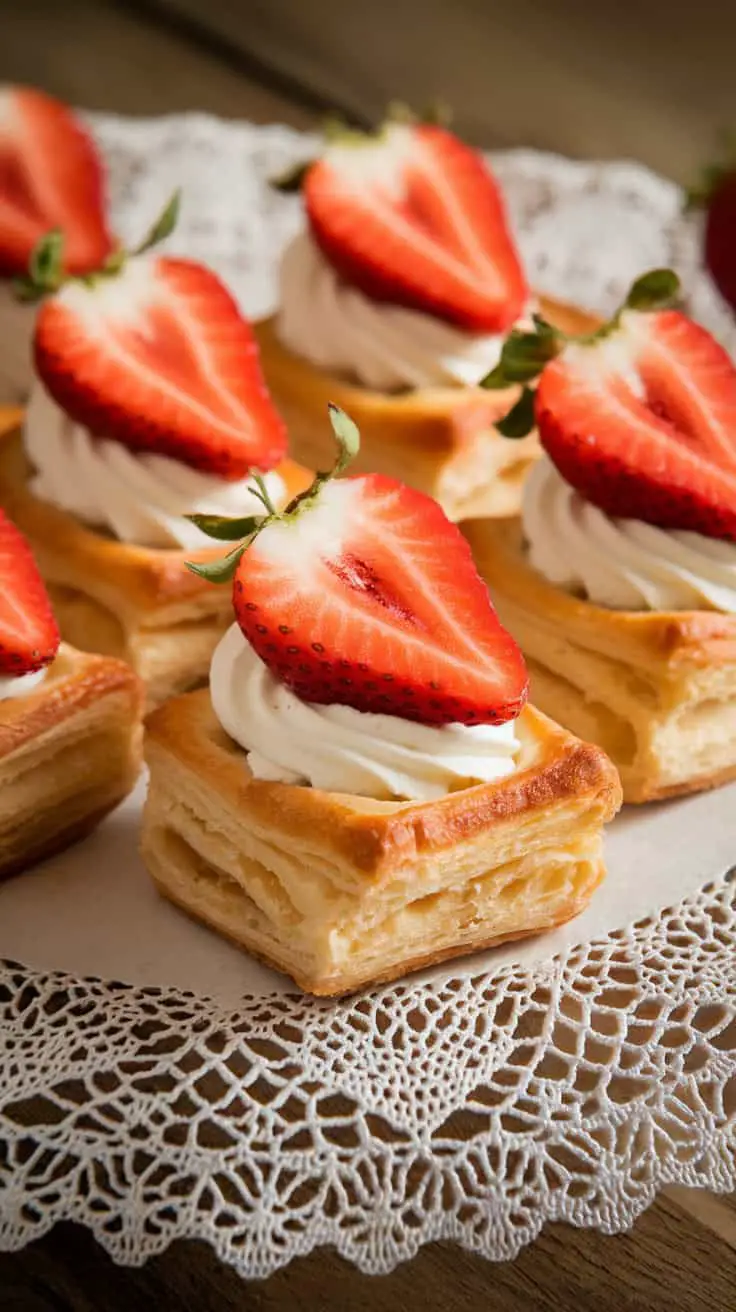 Strawberry and cream cheese puff pastry bites topped with fresh strawberries on a lace doily.