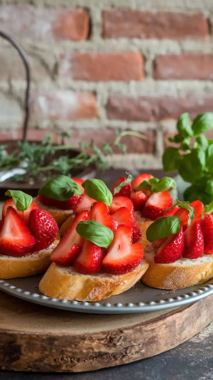 Strawberry Basil Bruschetta on crostini with fresh strawberries and basil on a plate