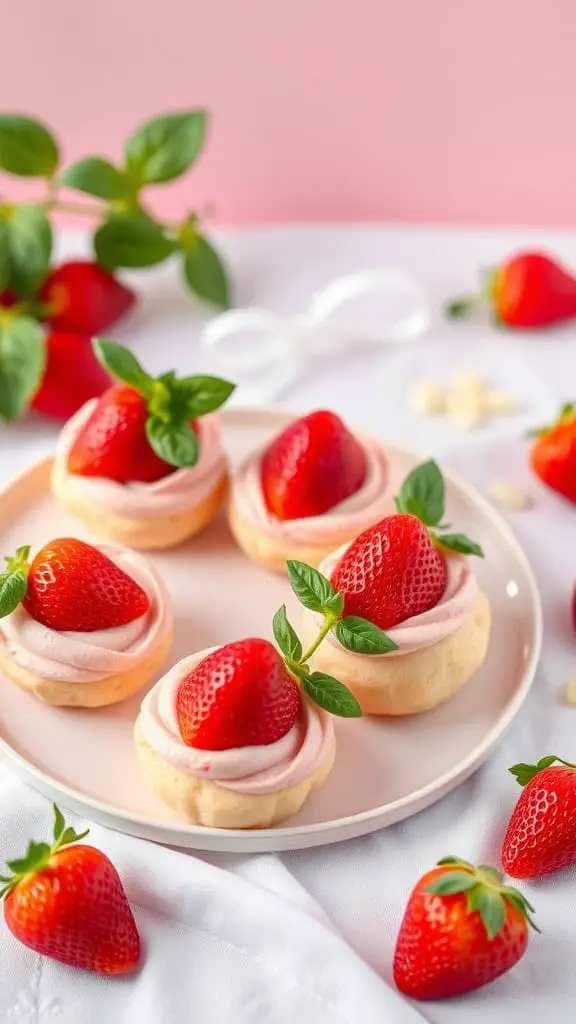 A plate of Strawberry Basil Cream Puffs topped with fresh strawberries, surrounded by more strawberries and green basil leaves.