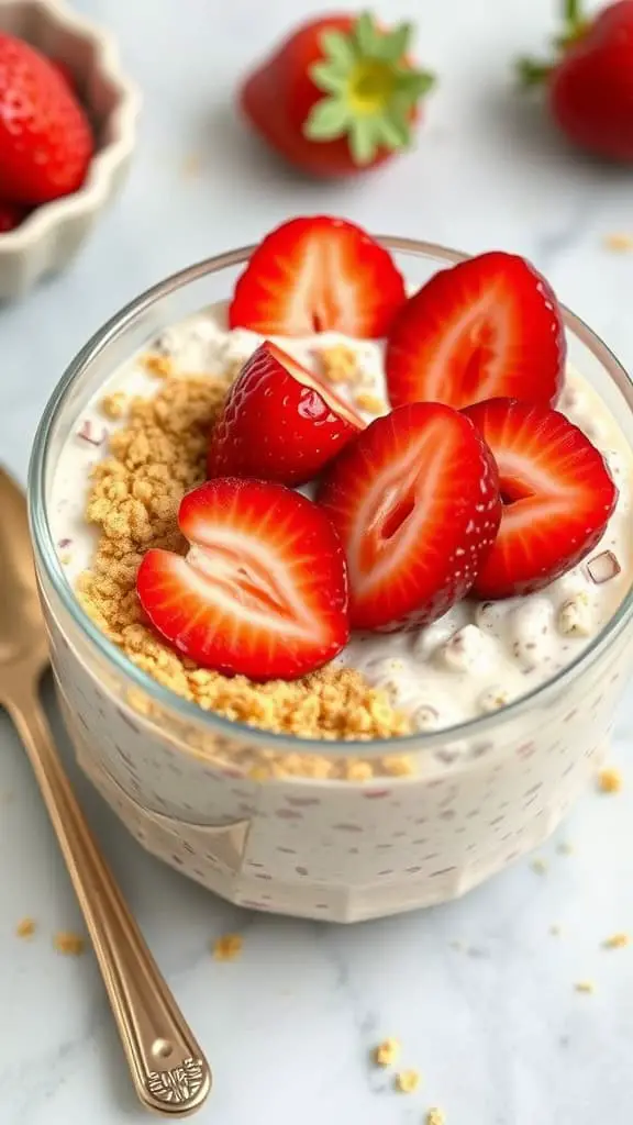 A mason jar of oats with diced strawberries, cottage cheese, and a sprinkle of crushed graham crackers on top.