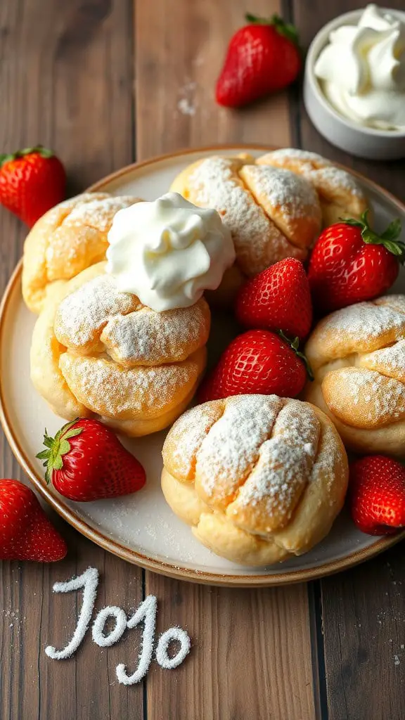 A plate of fluffy strawberry cream puffs surrounded by fresh strawberries and whipped cream.