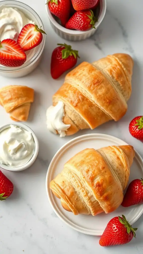 A plate of strawberry cream cheese croissants with fresh strawberries and whipped cream