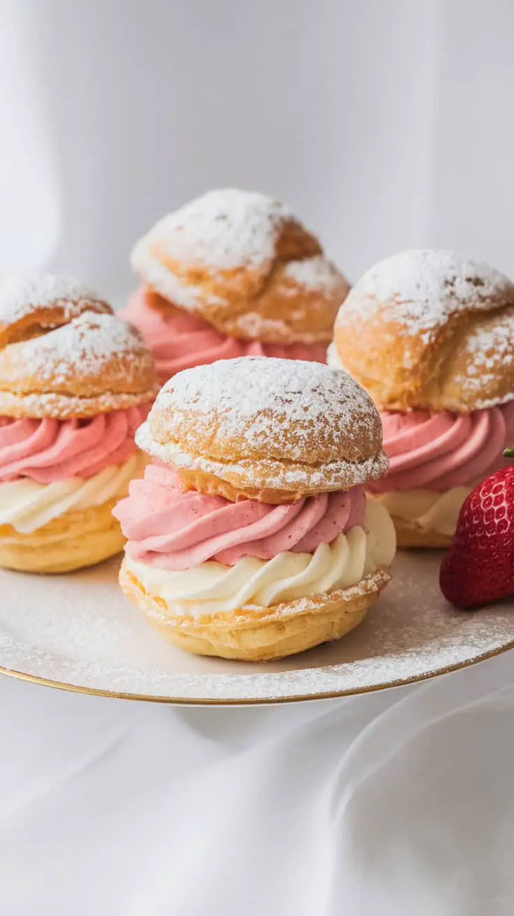 A plate of strawberry cream puffs dusted with powdered sugar.