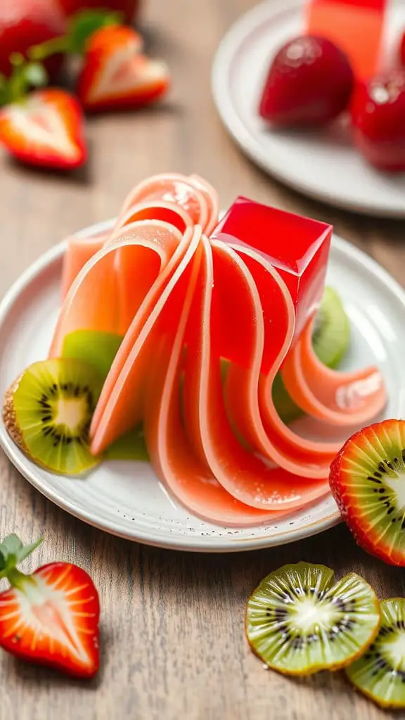 A colorful dessert featuring strawberry and kiwi flavored Jello shaped in ribbons with fresh strawberries and kiwi slices around it.