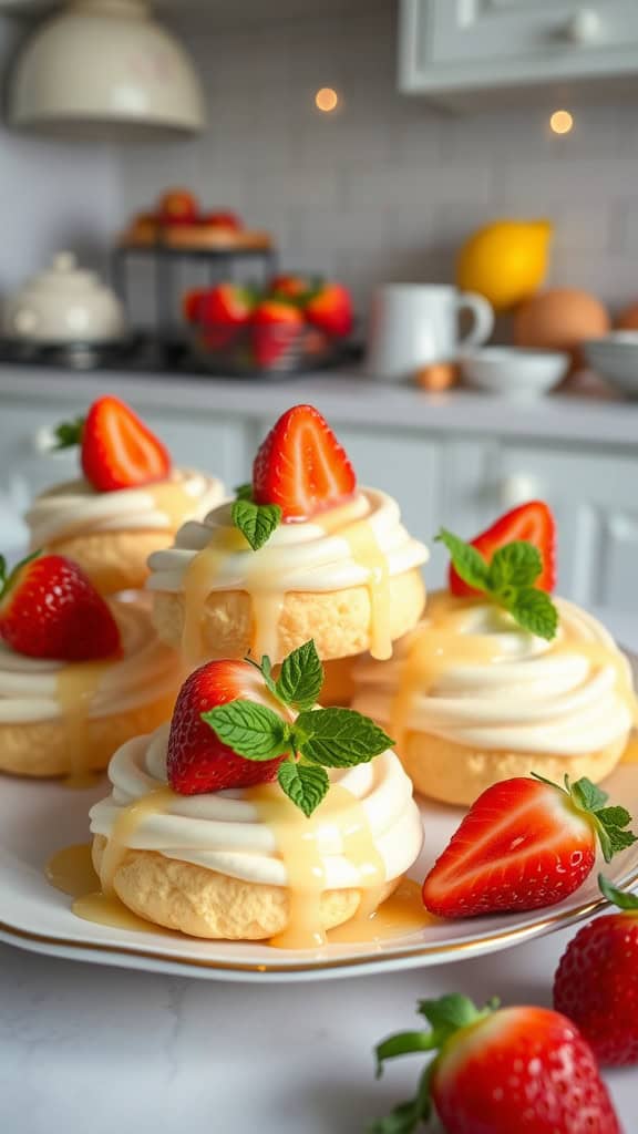 A plate of strawberry lemon cream puffs topped with fresh strawberries and mint leaves.