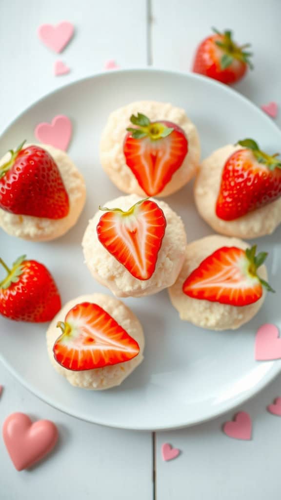 Plate of Strawberry Lemon Sugar Bites decorated with fresh strawberries and heart-shaped candies.