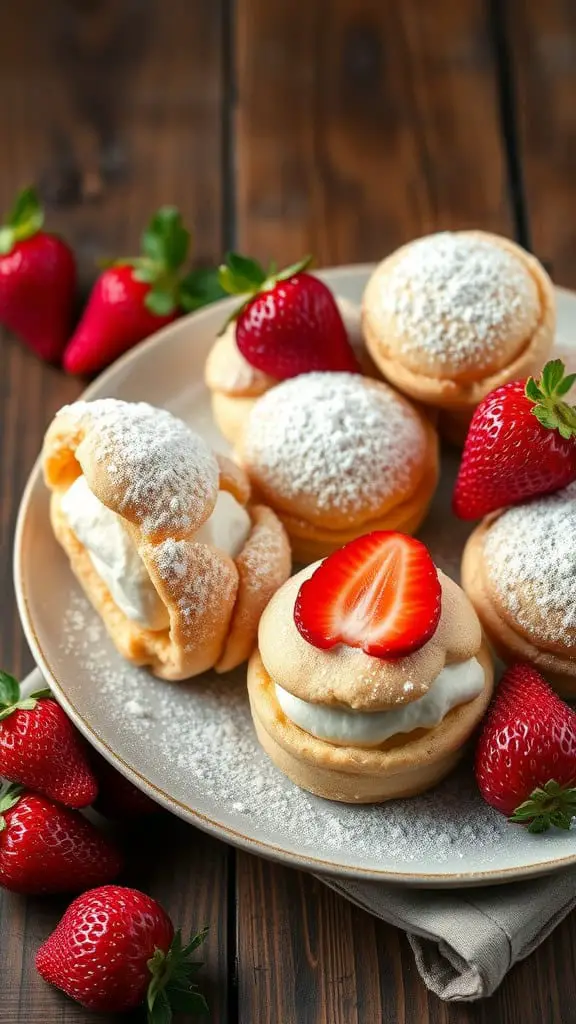 A plate of strawberry cream puffs with fresh strawberries and powdered sugar on top.