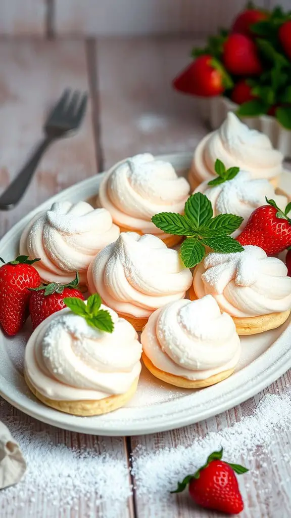 A plate of Strawberry Mint Cream Puffs garnished with fresh strawberries and mint leaves.