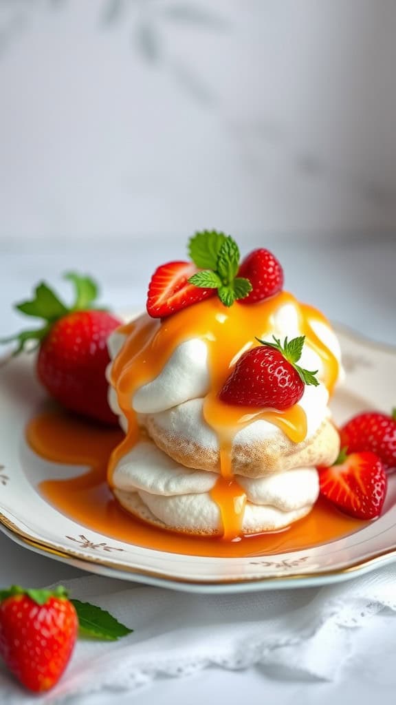 Strawberry cream puffs topped with orange sauce and fresh strawberries on a plate.