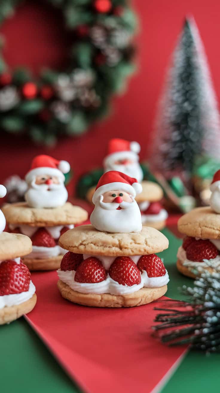 Strawberry Santa Cookie Sandwiches displayed on a festive Christmas-themed plate.