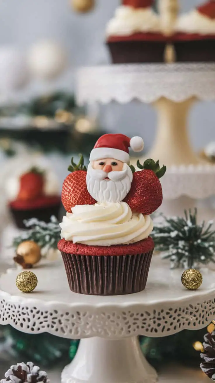 Cupcake topped with a Santa made from strawberries and frosting