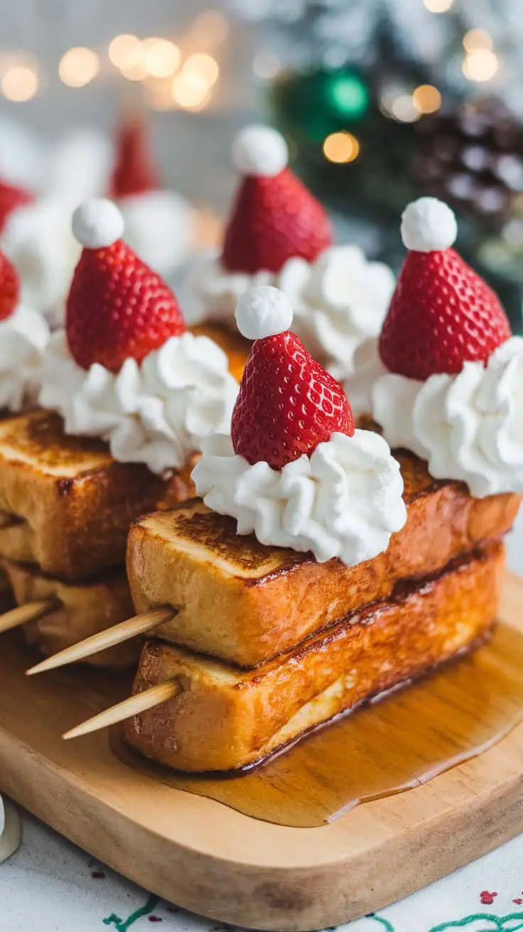 Strawberry Santa French Toast Skewers with whipped cream and strawberries on a rustic wood table.