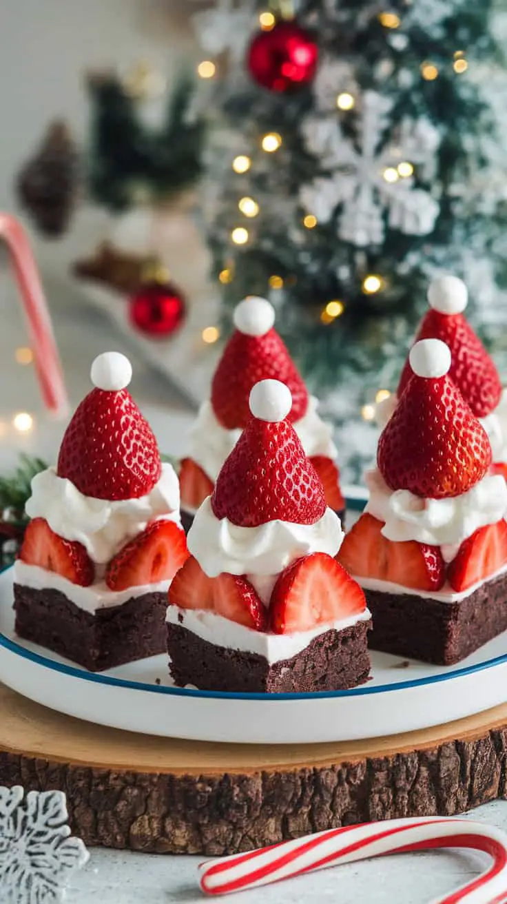 Plate of brownie bites topped with strawberries and whipped cream, resembling Santa hats, on a festive background.