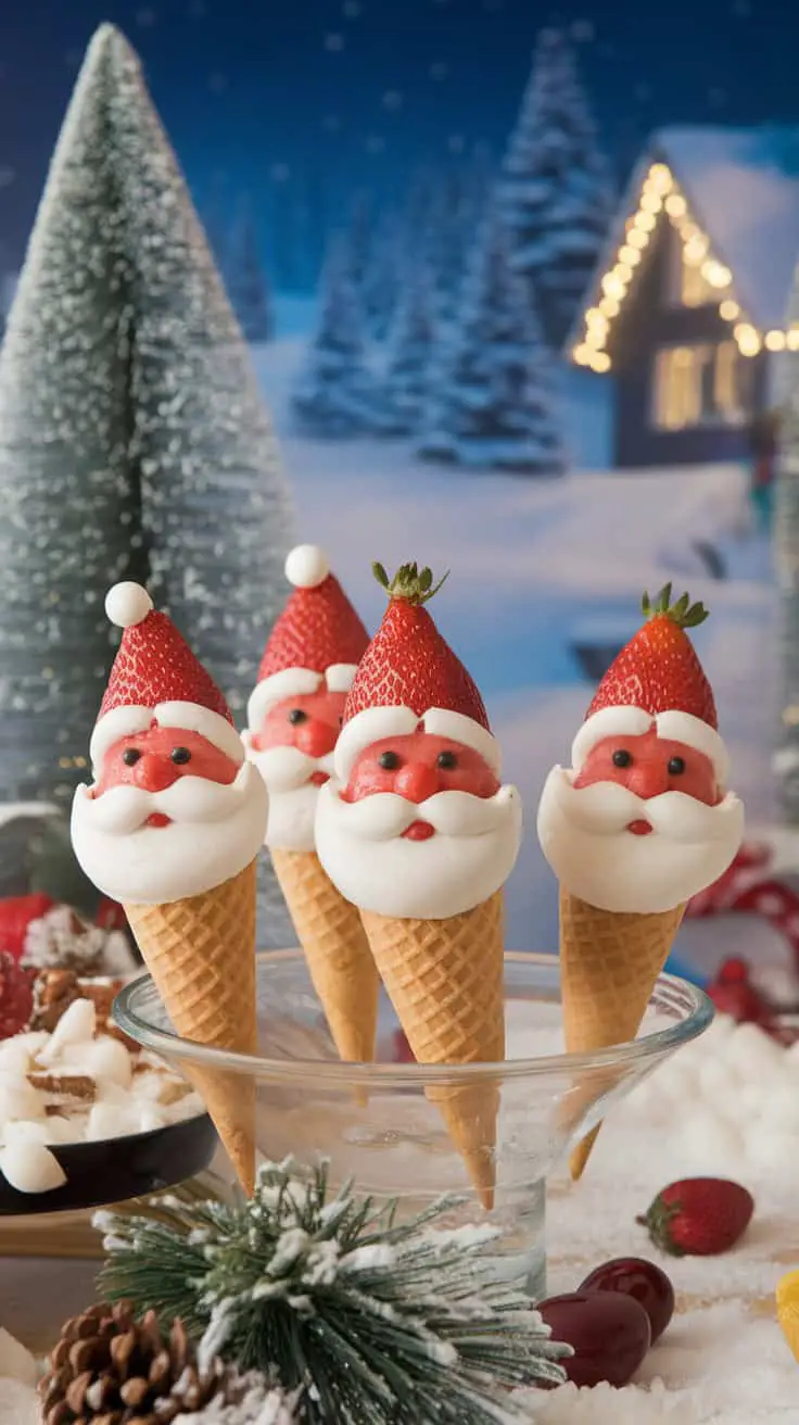 Strawberry Santa Ice Cream Cones with whipped cream and strawberry hats