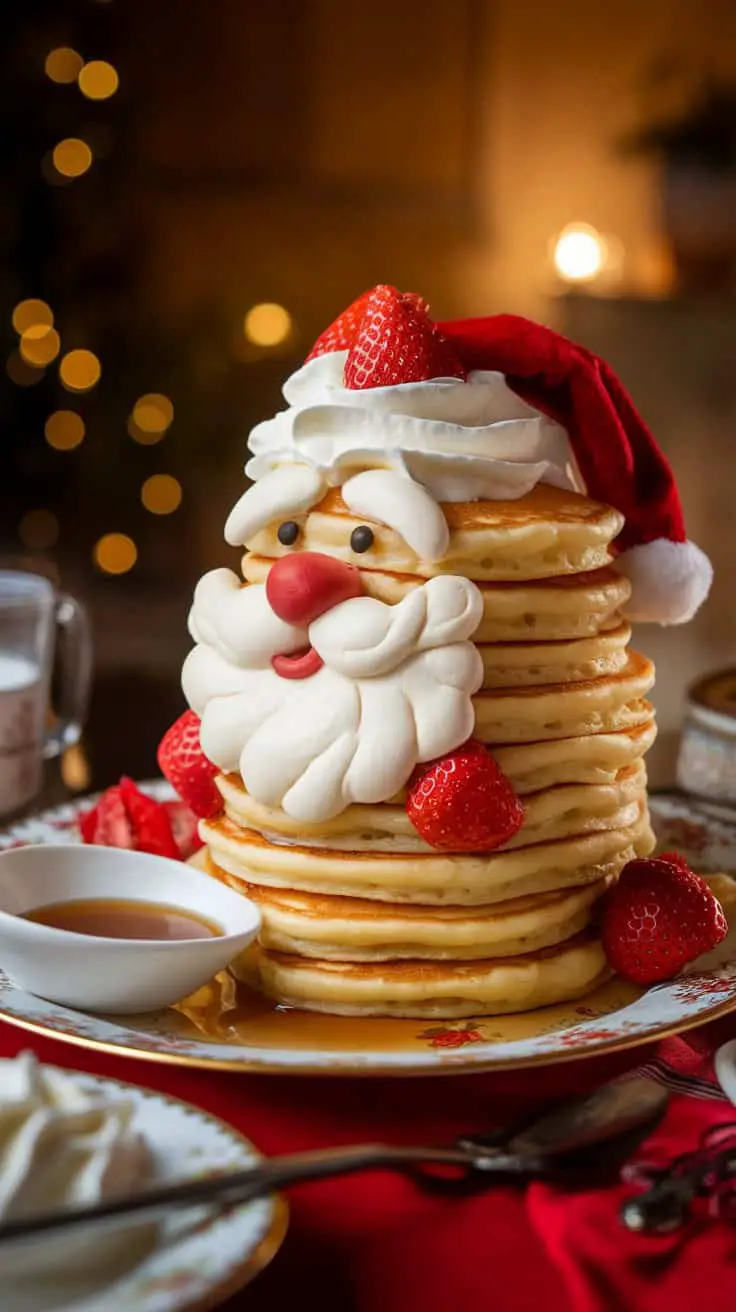 A stack of pancakes topped with whipped cream and strawberries, designed to look like Santa Claus, with a festive background.