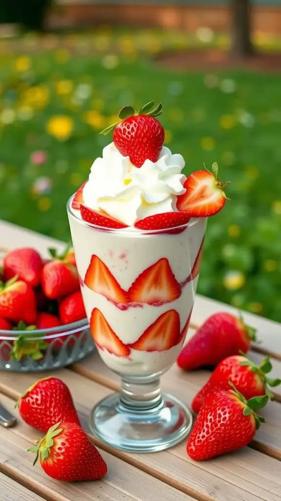 A glass of strawberry shortcake chia pudding topped with whipped cream and fresh strawberries, surrounded by strawberries on a wooden table.