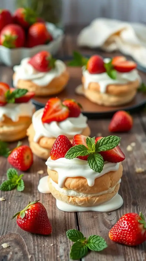 Delicious strawberry shortcake cream puffs topped with fresh strawberries and mint leaves.