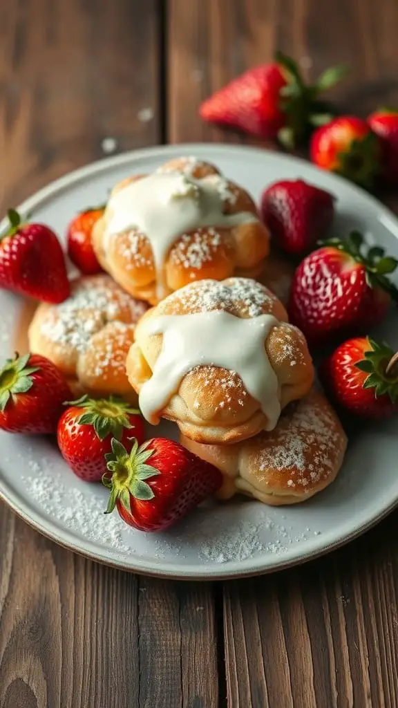 A plate of strawberry vanilla custard puffs with fresh strawberries