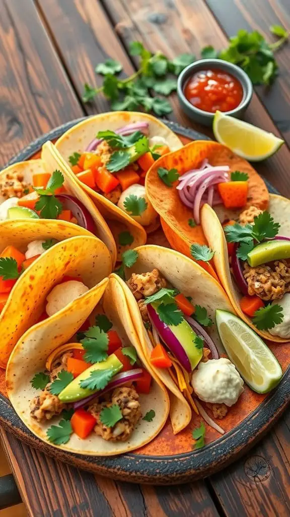 A colorful platter of street tacos with fresh vegetables and toppings