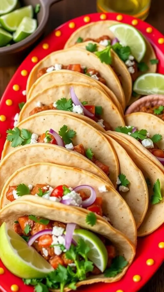 A colorful platter of street tacos with toppings and lime wedges.