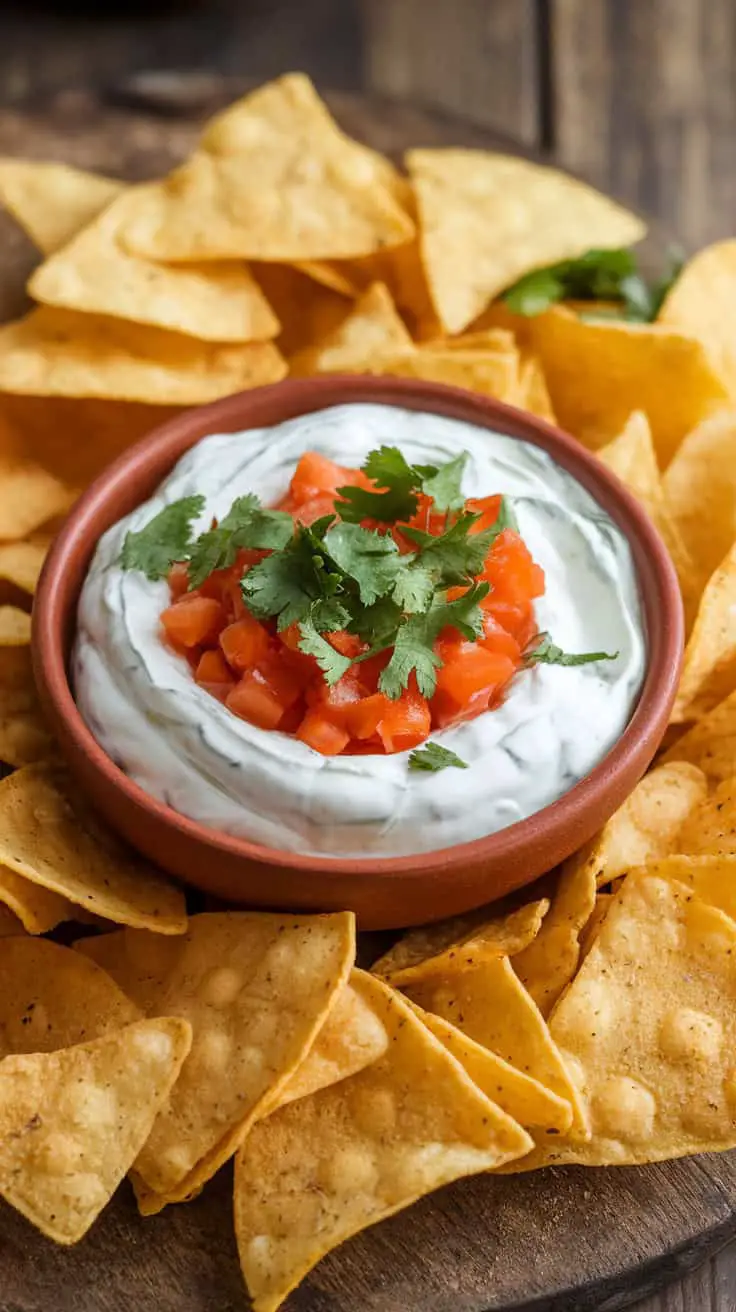 A bowl of sour cream dip topped with tomatoes and cilantro, surrounded by tortilla chips on a wooden board.