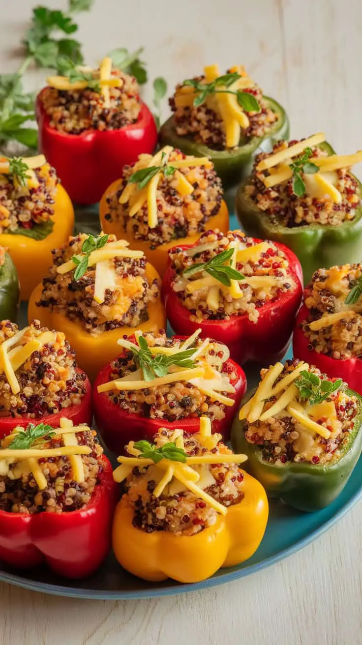 A platter of colorful stuffed baby bell peppers filled with quinoa and topped with cheese.