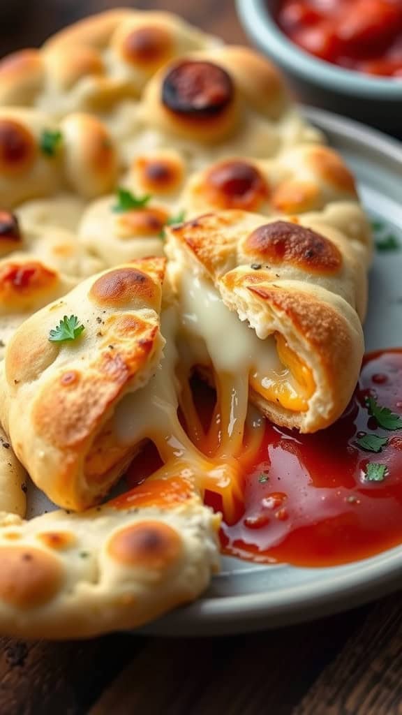 Stuffed cheese naan bread with gooey cheese and a side of dipping sauce.