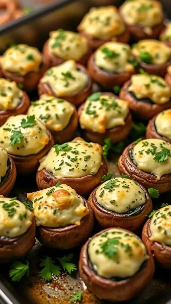 A tray of stuffed mushrooms topped with cheese and herbs