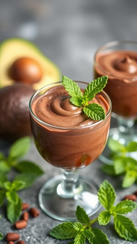 Sugar-free chocolate avocado mousse served in glasses, garnished with mint leaves, with avocados in the background.